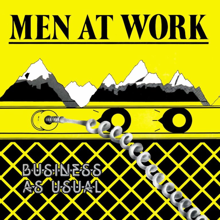 Albumcover von Business As Usual mit gelbem Hintergrund, Bergen und einem Kabel.