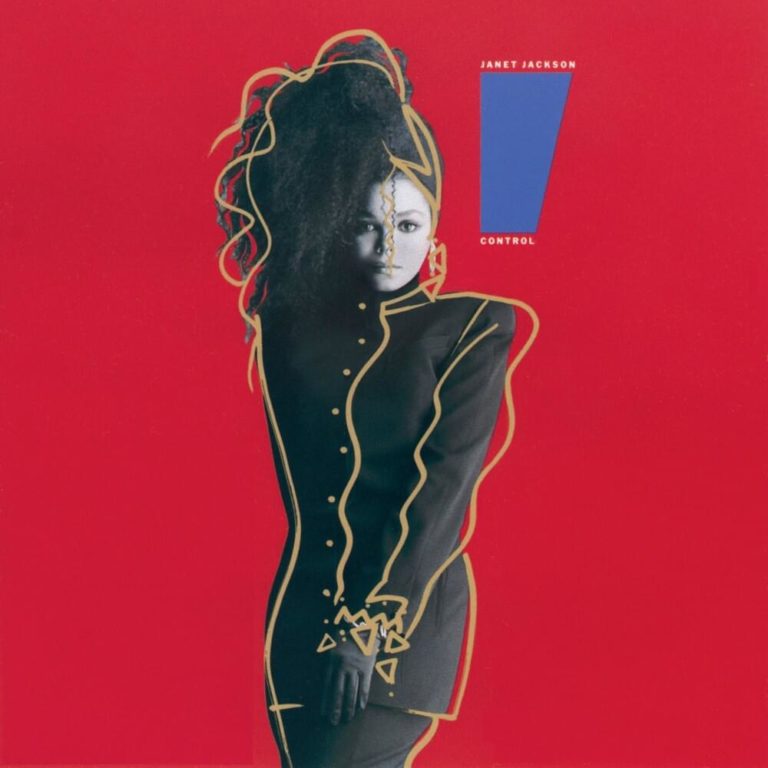 Albumcover von Janet Jacksons Control mit rotem Hintergrund und stilisierter Darstellung der Künstlerin.