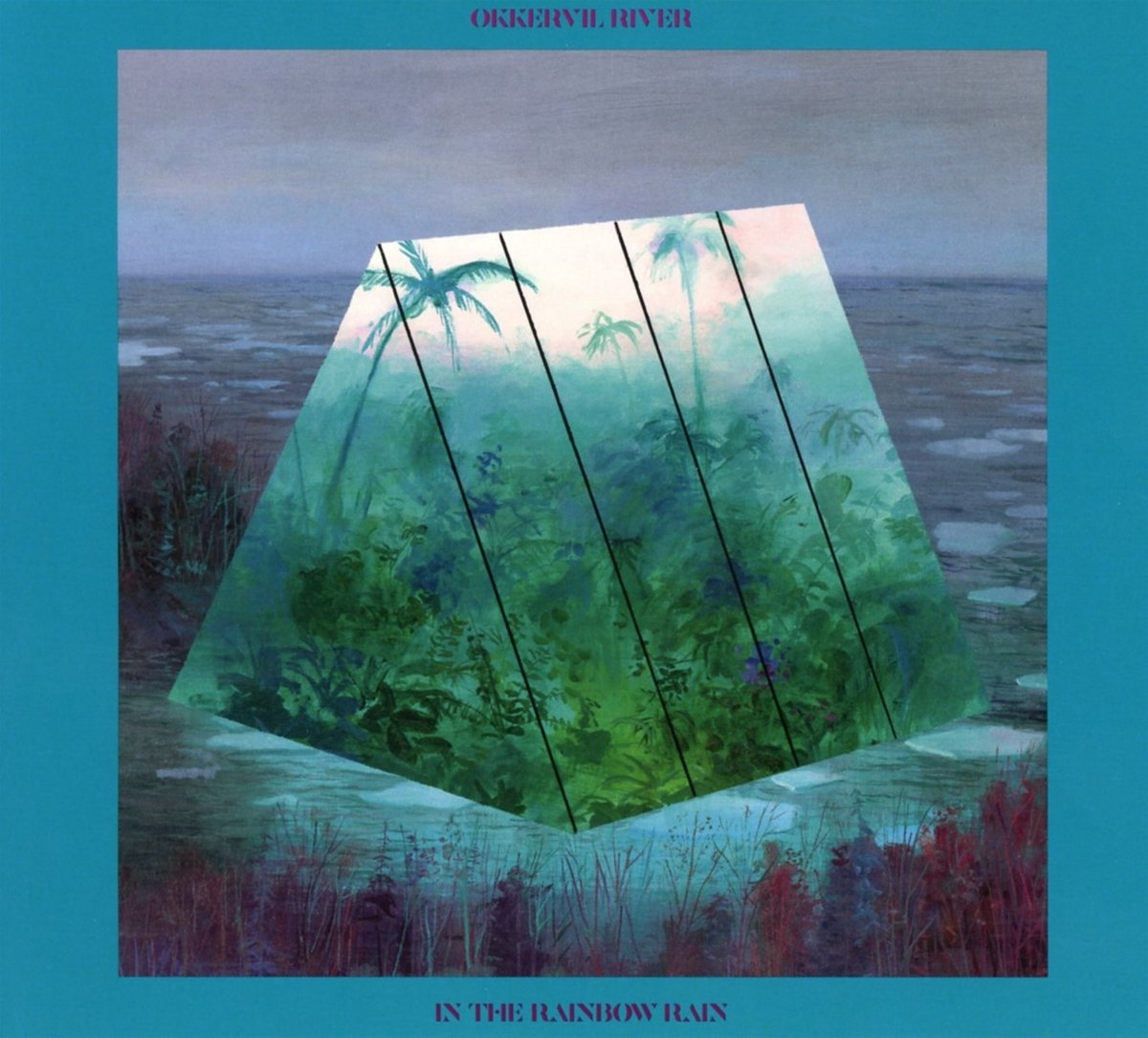 Illustration eines prismatischen Glashauses mit tropischen Pflanzen in einer nebligen Landschaft.