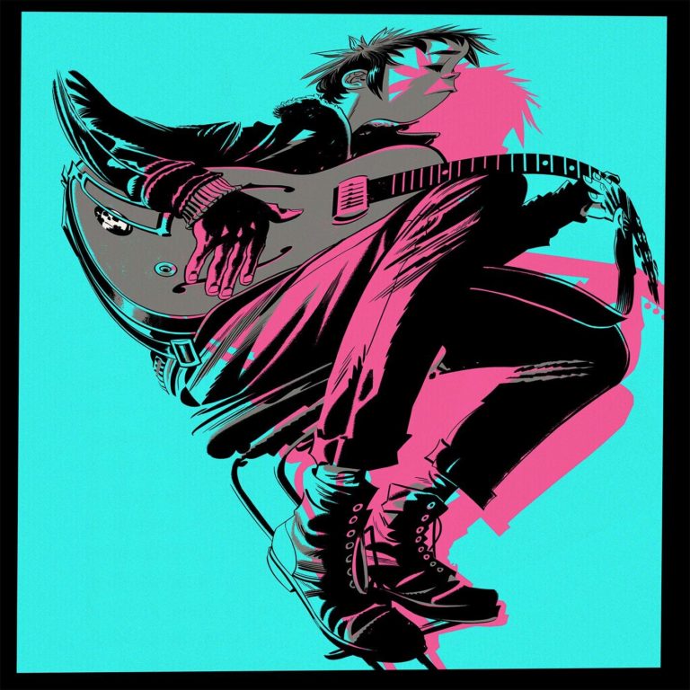 Illustration einer Figur mit Gitarre in lebhaften Farben auf blauem Hintergrund