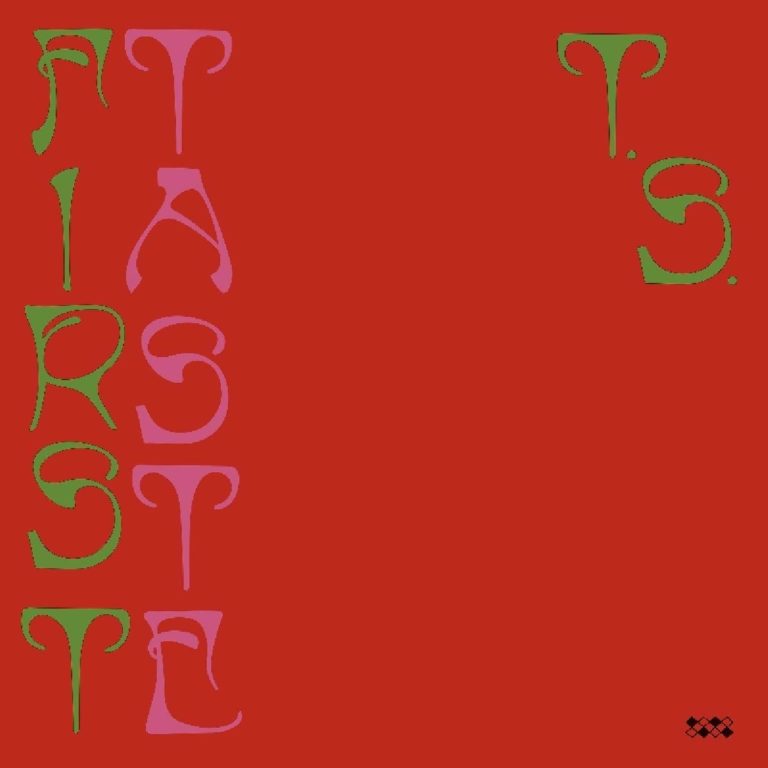Rotes Cover mit grünen und rosa Buchstaben, die vertikal den Titel First Taste bilden.