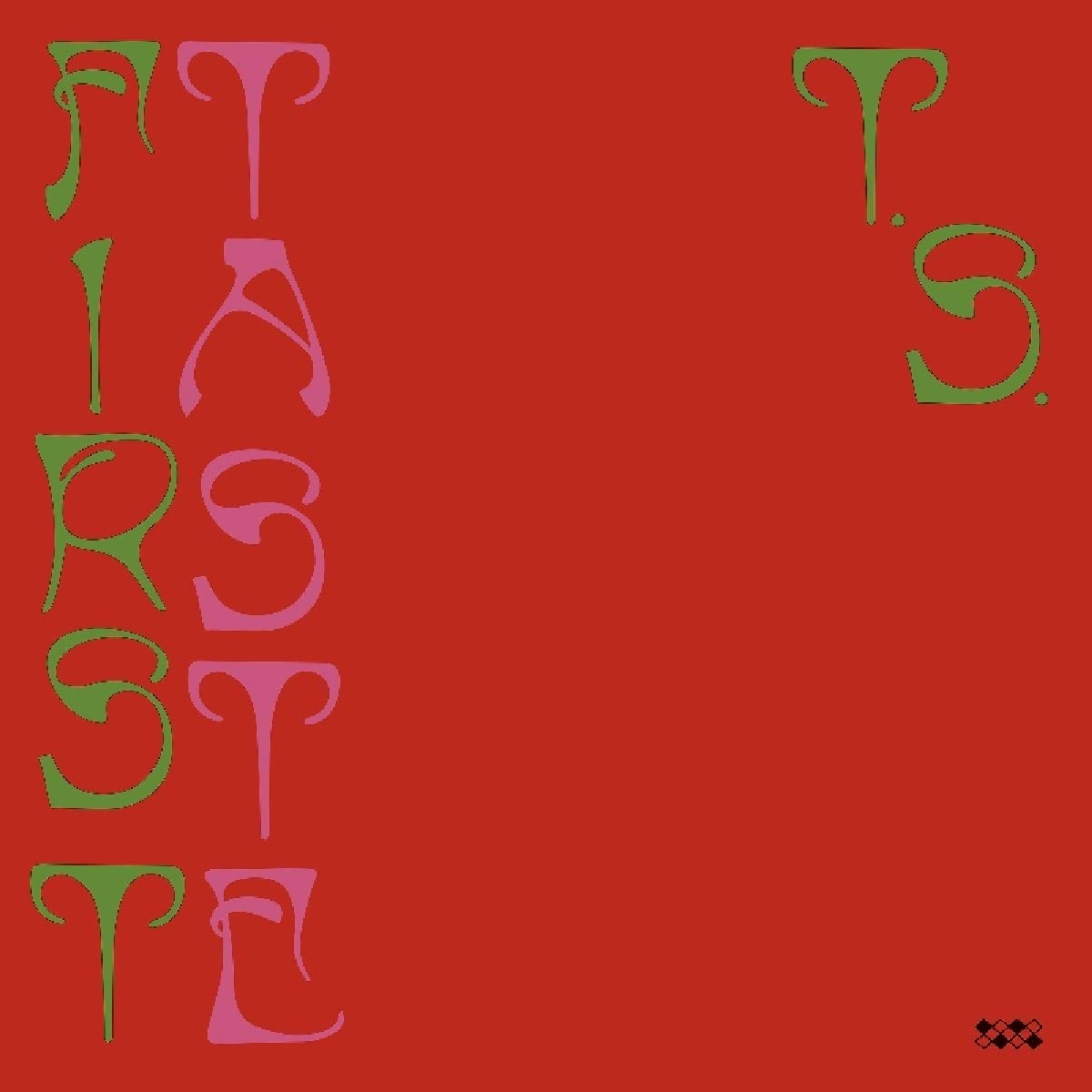Rotes Cover mit grünen und rosa Buchstaben, die vertikal den Titel First Taste bilden.