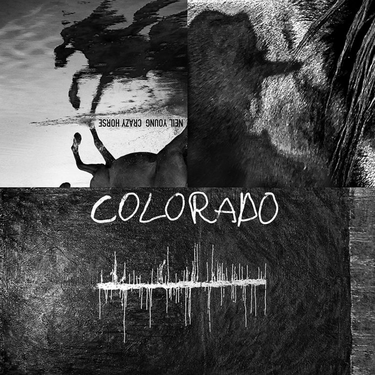 Schwarz-weißes Cover mit Pferd und Schriftzug Colorado von Neil Young & Crazy Horse