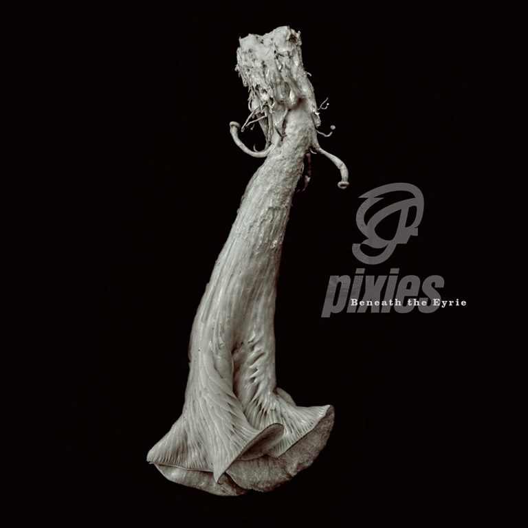 Abstrakte, organische Skulptur vor schwarzem Hintergrund mit Pixies-Logo und Albumtitel.