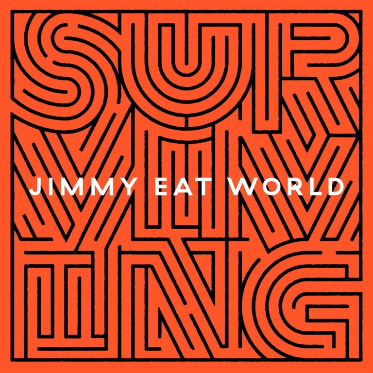 Grafisches Cover mit dem Schriftzug Jimmy Eat World und Surviving in geometrischem Design.