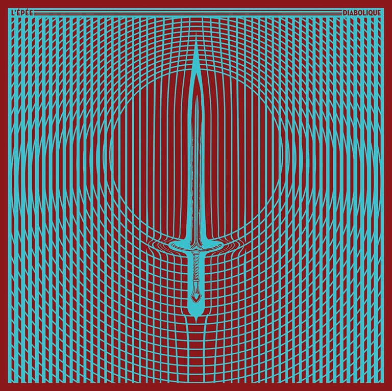Grafisches Cover mit einem Schwert in der Mitte, umgeben von blauen Linien auf rotem Hintergrund.