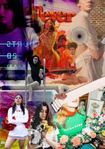 Collage aus Porträts und ikonischen Momenten weiblicher Künstlerinnen aus dem Jahr 2019. Farbenfroh, kontrastreich, verspielt – mit Motiven wie Cheerleader-Outfits, Blumen, Retro-Typografie, brennendem Himmel, „Fever“-Schriftzug und einem Mix aus Pop, Protest und Poesie.