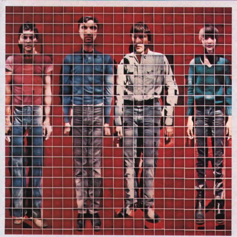 Albumcover von Talking Heads mit vier Bandmitgliedern vor rotem Hintergrund, in einem Gittermuster angeordnet.