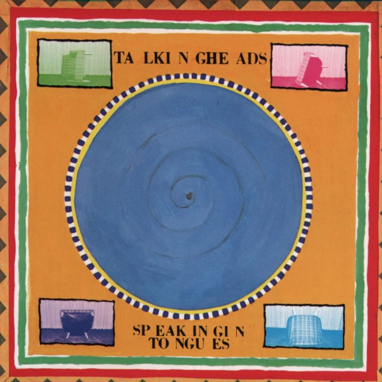 Albumcover von Speaking In Tongues mit spiralförmigem blauen Zentrum und buntem Rahmen.