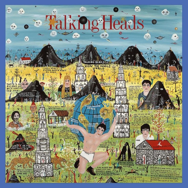 Albumcover von Little Creatures der Band Talking Heads mit bunten, surrealen Illustrationen und verschiedenen Figuren.