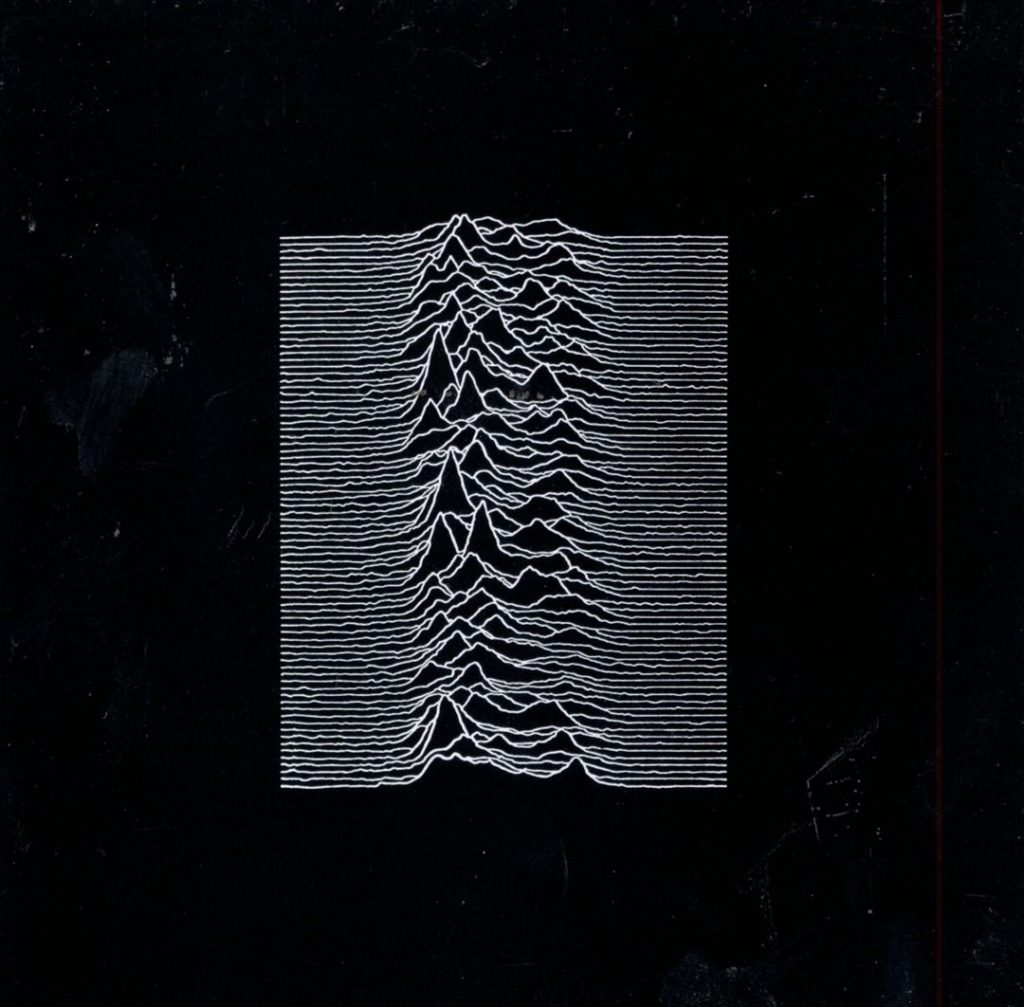 Albumcover von Unknown Pleasures mit weißen Linien auf schwarzem Hintergrund, die Radiopulse darstellen.