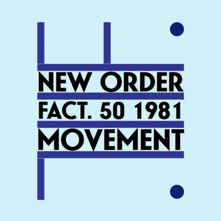 Albumcover von New Order mit dem Titel Movement, grafisch gestaltet mit blauen und schwarzen Elementen.