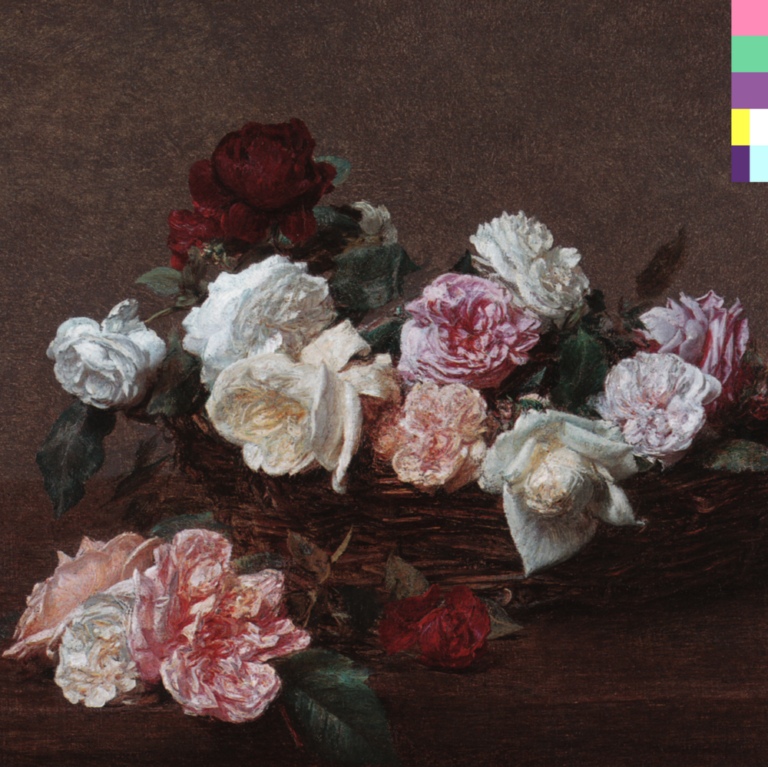 Albumcover mit bunten Rosen in einem Korb auf dunklem Hintergrund.