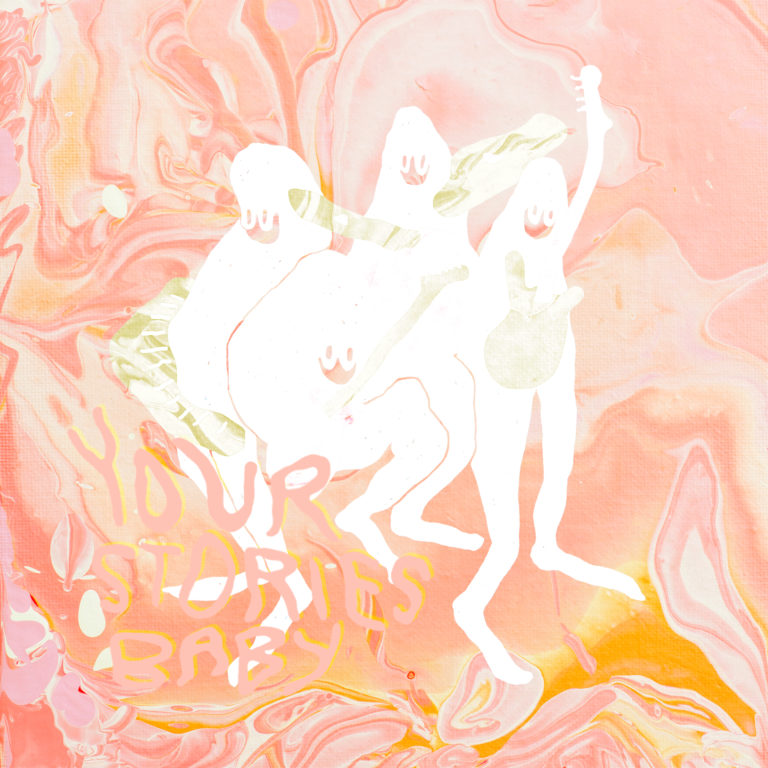 Abstrakte Figuren auf rosa marmoriertem Hintergrund mit Schriftzug Your Stories Baby.
