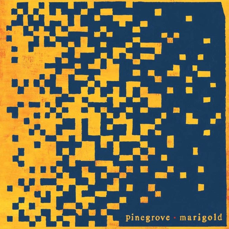 Abstraktes Coverbild mit gelben und blauen geometrischen Formen auf strukturiertem Hintergrund.