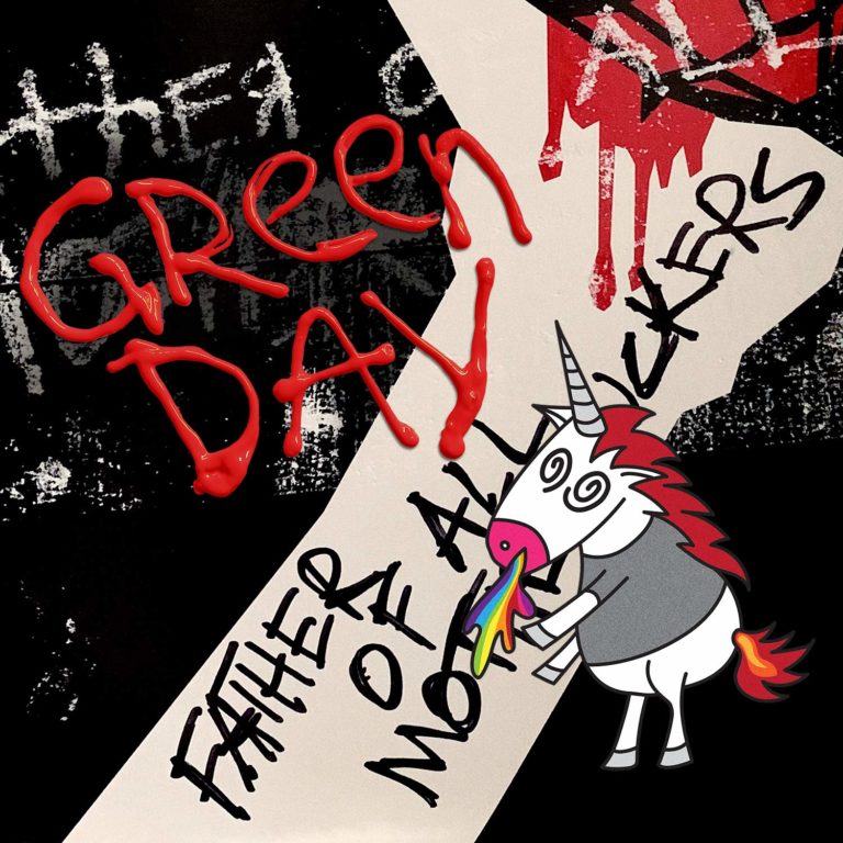 Cover mit rotem Schriftzug Green Day und Einhorn, das Regenbogen erbricht.
