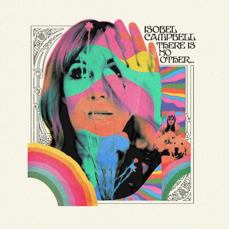 Buntes, psychedelisches Porträt von Isobel Campbell mit Regenbogen und floralen Elementen.