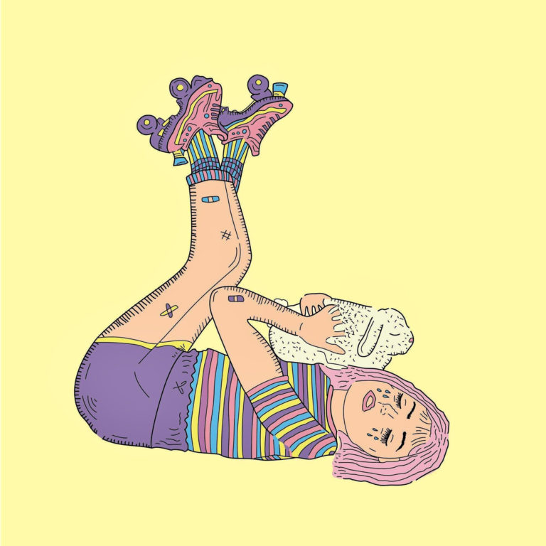 Illustration einer Person mit Rollschuhen auf gelbem Hintergrund