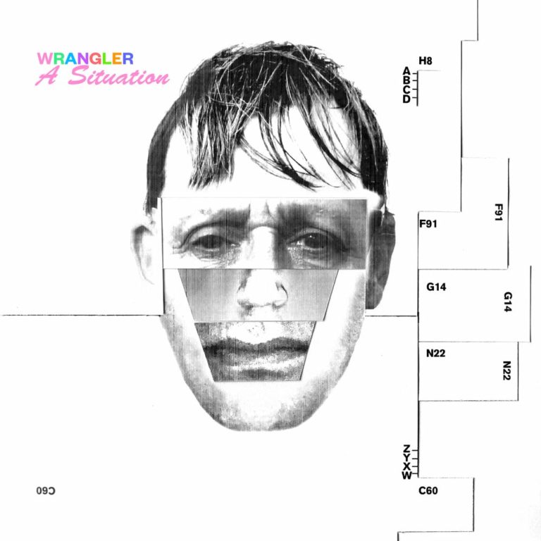 Collage eines Gesichts mit geometrischen Formen und Linien auf weißem Hintergrund.