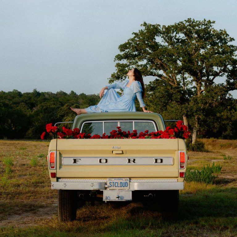Frau in blauem Kleid sitzt auf einem Pickup voller roter Blumen auf einem Feld.