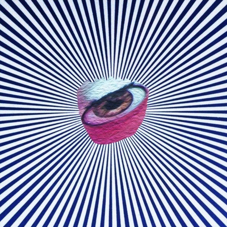 Ein Auge in einer rosa Schale vor einem Hintergrund aus blauen Strahlen.