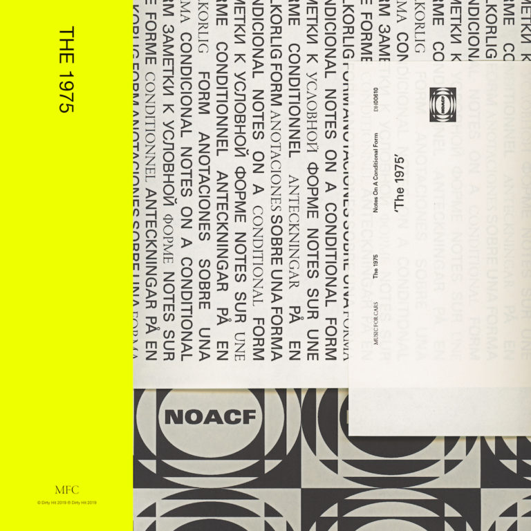 Cover des Albums Notes on a Conditional Form von The 1975 mit grafischem Design und Text in verschiedenen Sprachen.