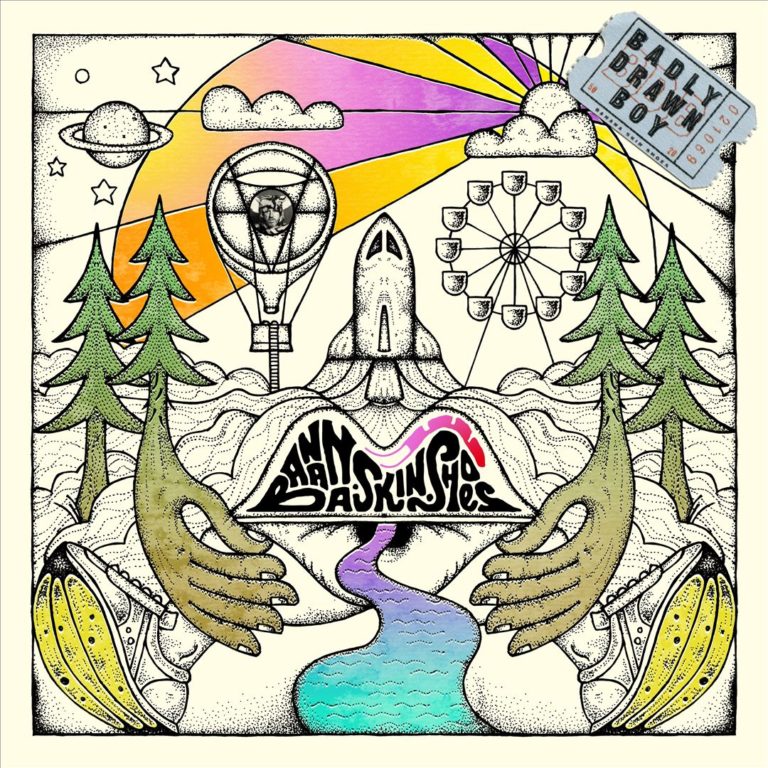 Illustratives Cover mit Rakete, Heißluftballon, Bäumen und buntem Fluss