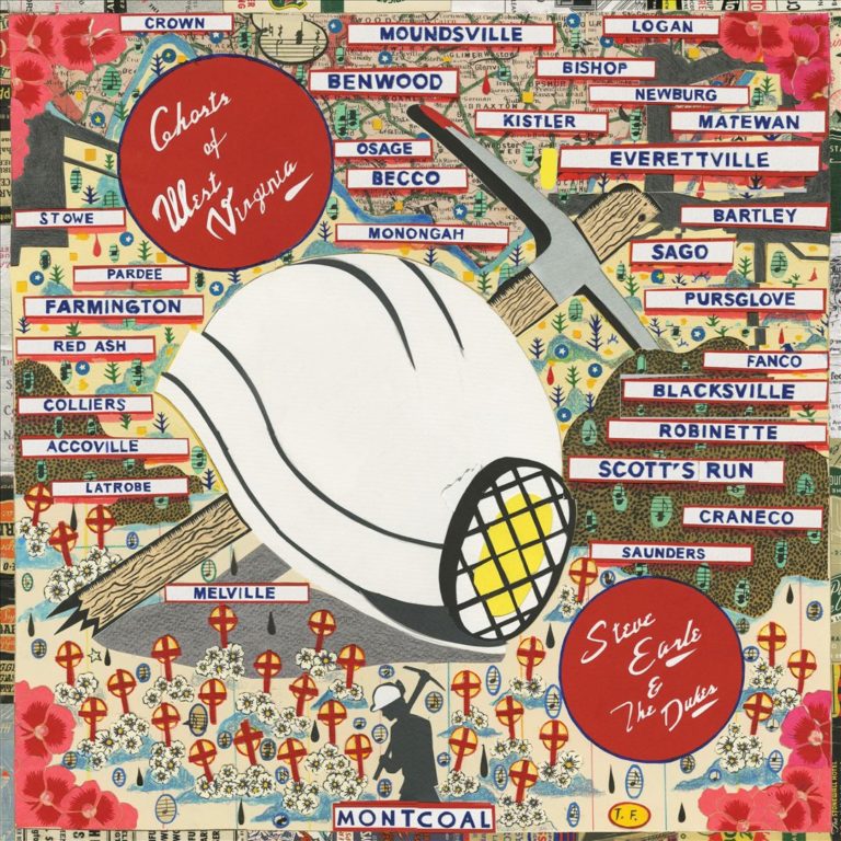 Collage aus Ortsnamen und Bergbauhelm auf dem Albumcover von Steve Earle & the Dukes.