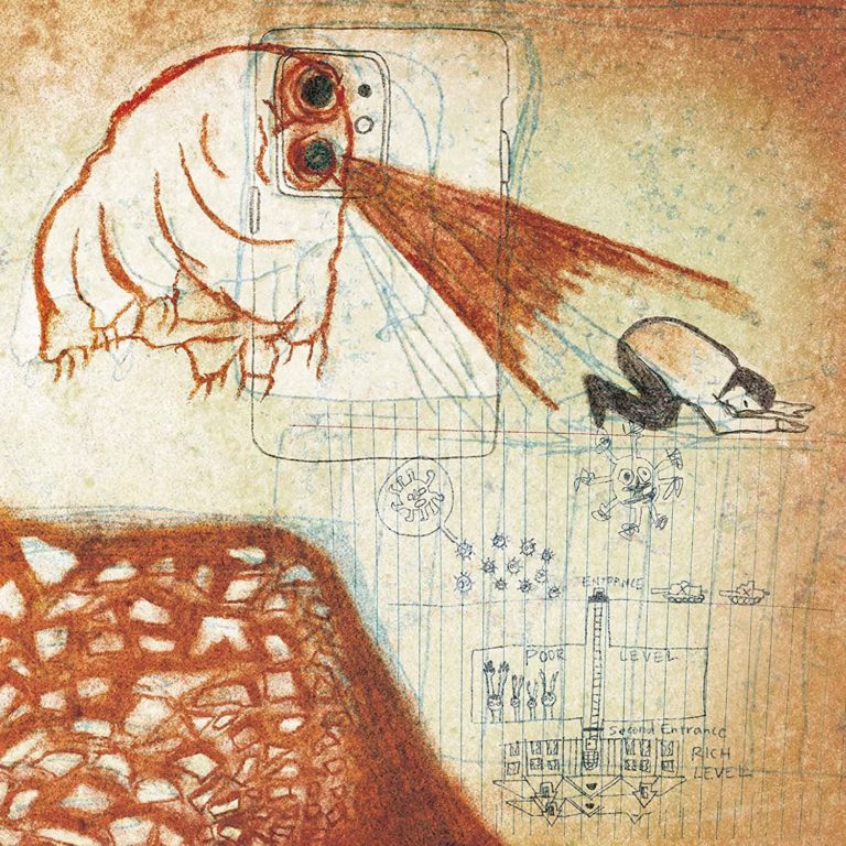 Illustration mit abstrakten Formen und einer knienden Figur auf kariertem Papier.