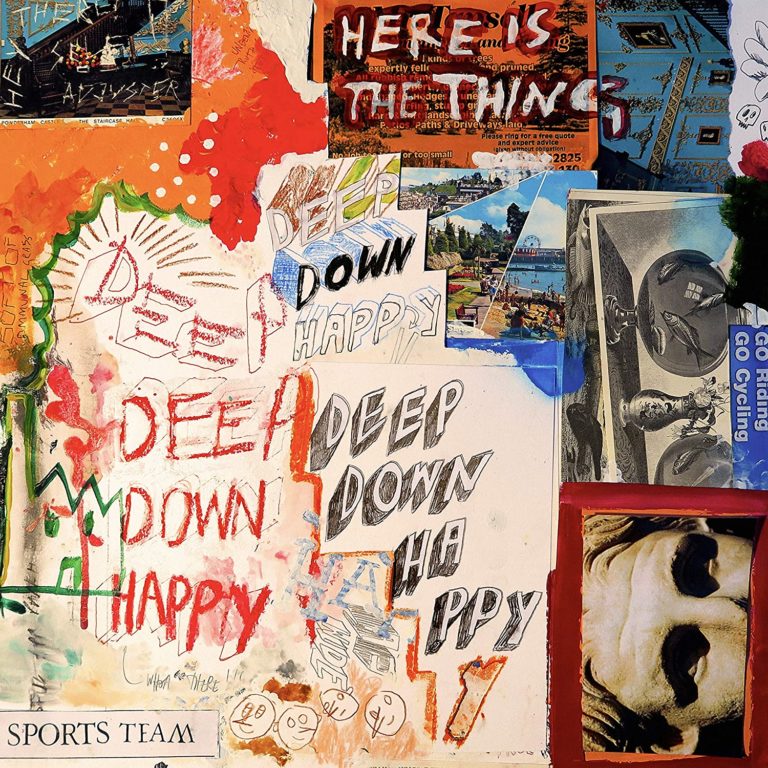 Collage aus bunten Zeichnungen und Fotos mit dem Schriftzug Deep Down Happy.