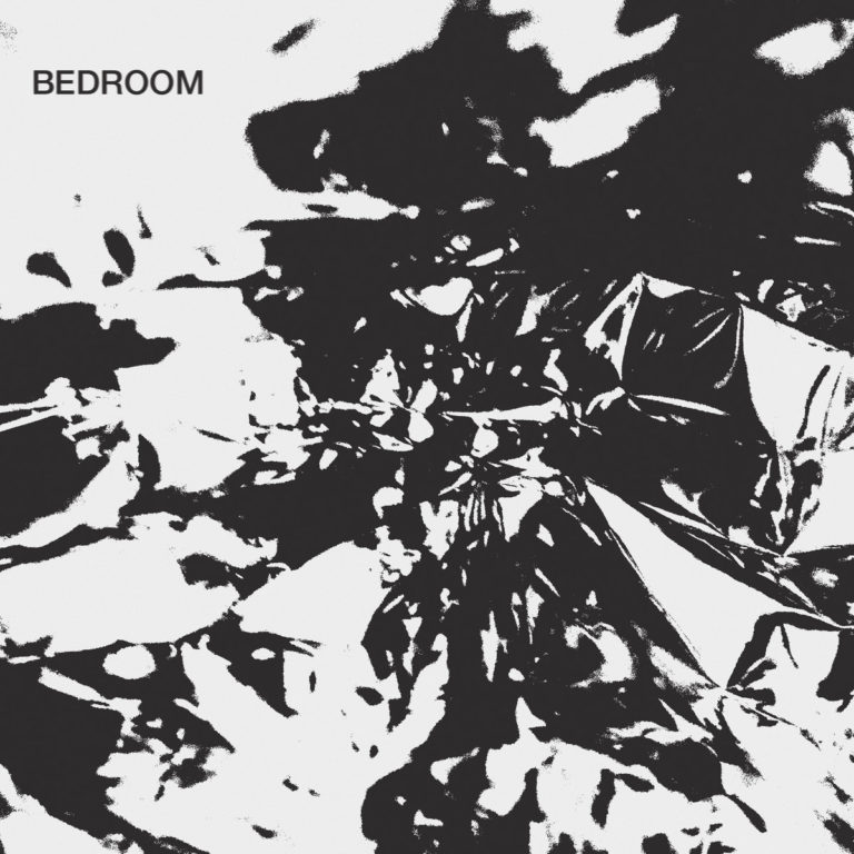 Abstrakte schwarz-weiße Grafik mit dem Schriftzug Bedroom in der oberen linken Ecke.
