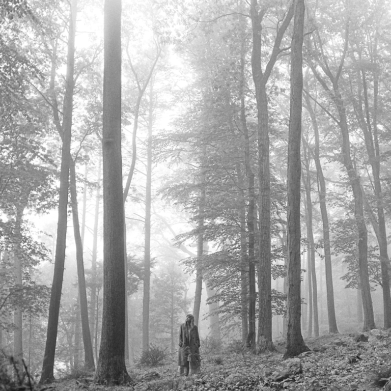 Eine schlanke Person steht allein in einem nebelverhangenen Wald, umgeben von hohen, kahlen Bäumen. Das Bild ist in Schwarz-Weiß gehalten und wirkt verträumt.