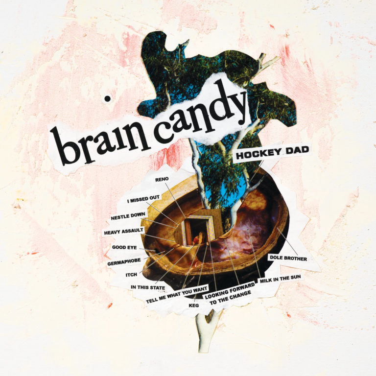 Collage aus Baum und Schale mit Texten und Songtiteln auf dem Cover von Brain Candy von Hockey Dad.