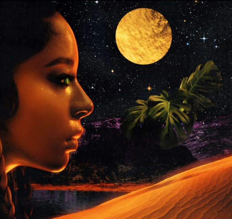 Frau im Profil vor einer nächtlichen Wüstenlandschaft mit Mond und Pflanzen.