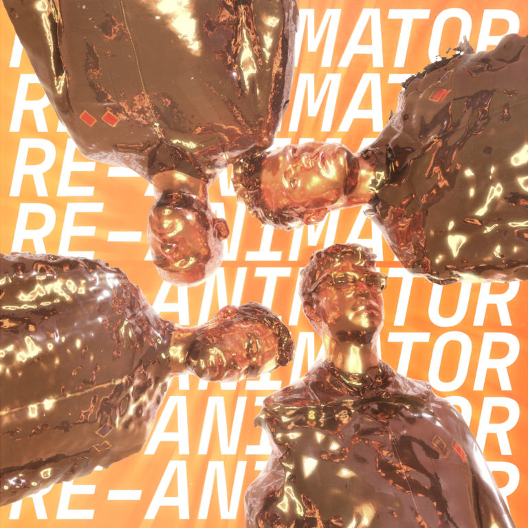 Vier in Bronze gehüllte Figuren vor orangefarbenem Hintergrund mit Schriftzug RE-ANIMATOR.