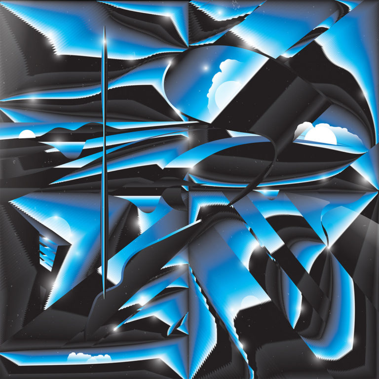 Abstrakte blaue und schwarze Formen mit Wolken und Lichtreflexionen