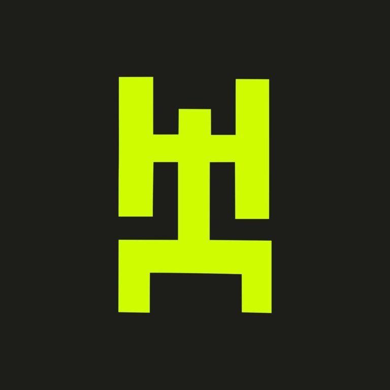 Neongelbes geometrisches Symbol auf schwarzem Hintergrund.