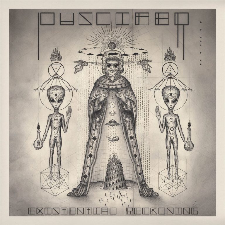 Illustration mit mystischen Figuren, geometrischen Formen und Symbolen.