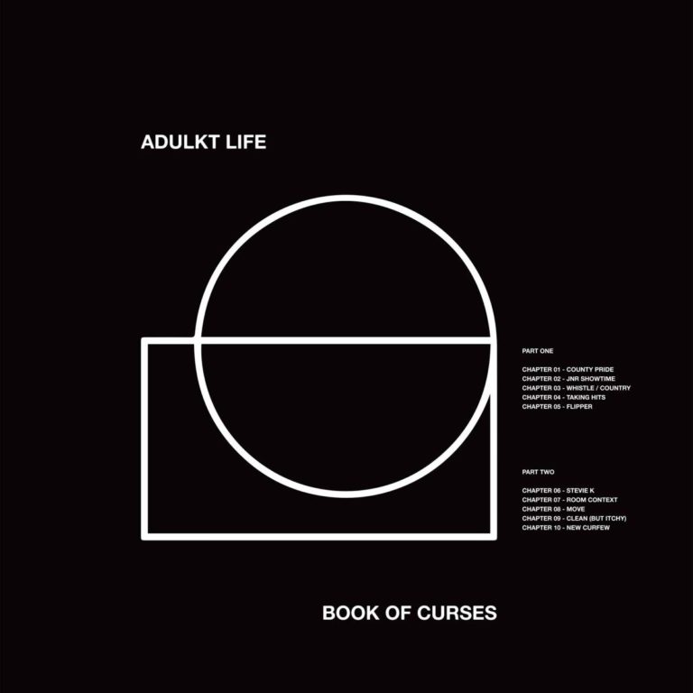 Schwarzes Cover mit weißem Kreis und Rechteck, Text Adulkt Life und Book of Curses