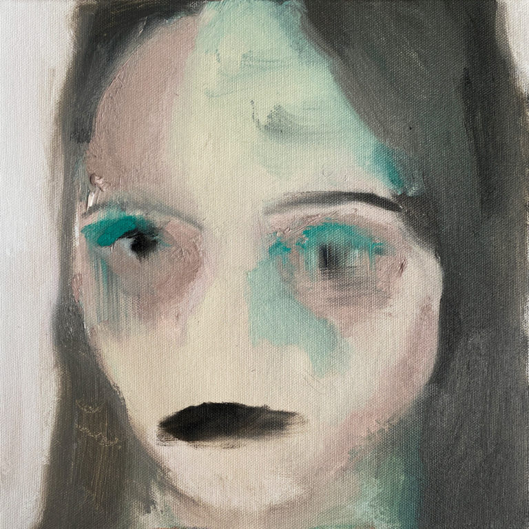 Abstraktes Porträt einer Person mit unscharfen Gesichtszügen in Pastellfarben auf Leinwand.