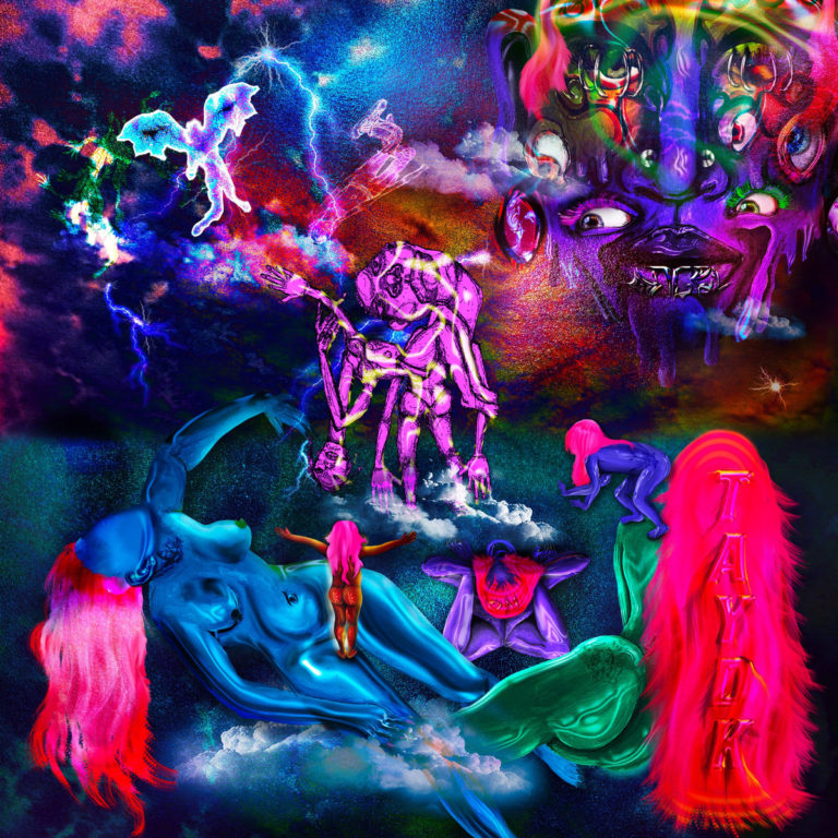 Fantasievolle, farbenfrohe Illustration mit surrealen Figuren und leuchtenden Farben auf dem Albumcover.