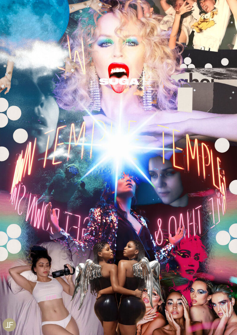 Farbintensive Collage weiblicher Pop-Ikonen des Jahres 2020: Neon-Schriften, Engel, Glitzer, Clubnächte und provokative Selbstinszenierung verschmelzen zu einem visuell überladenen Manifest weiblicher Stärke, Stilbrüche und Pop-Exzesse.