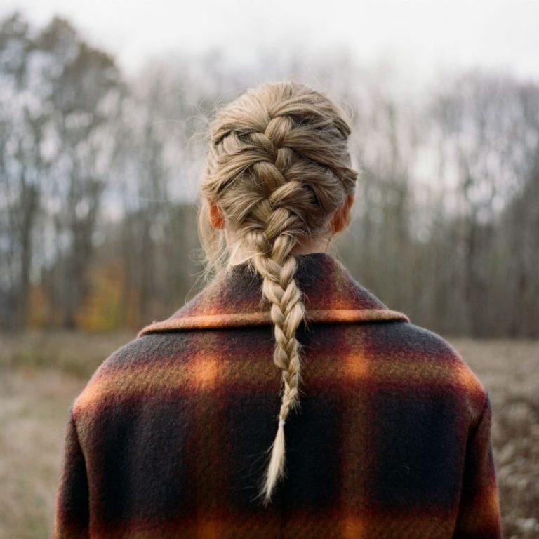 Eine Person mit geflochtenem Zopf steht mit dem Rücken zur Kamera in einer herbstlichen Landschaft, trägt einen braun-orange karierten Wollmantel.