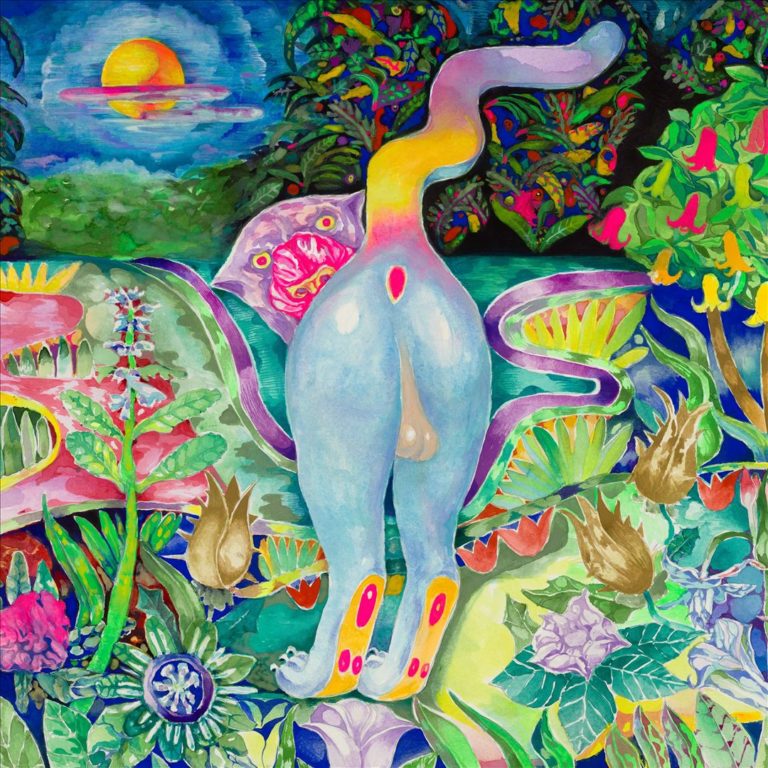 Buntes, surrealistisches Bild eines katzenartigen Wesens in einer lebhaften Landschaft mit Pflanzen und Sonnenuntergang.