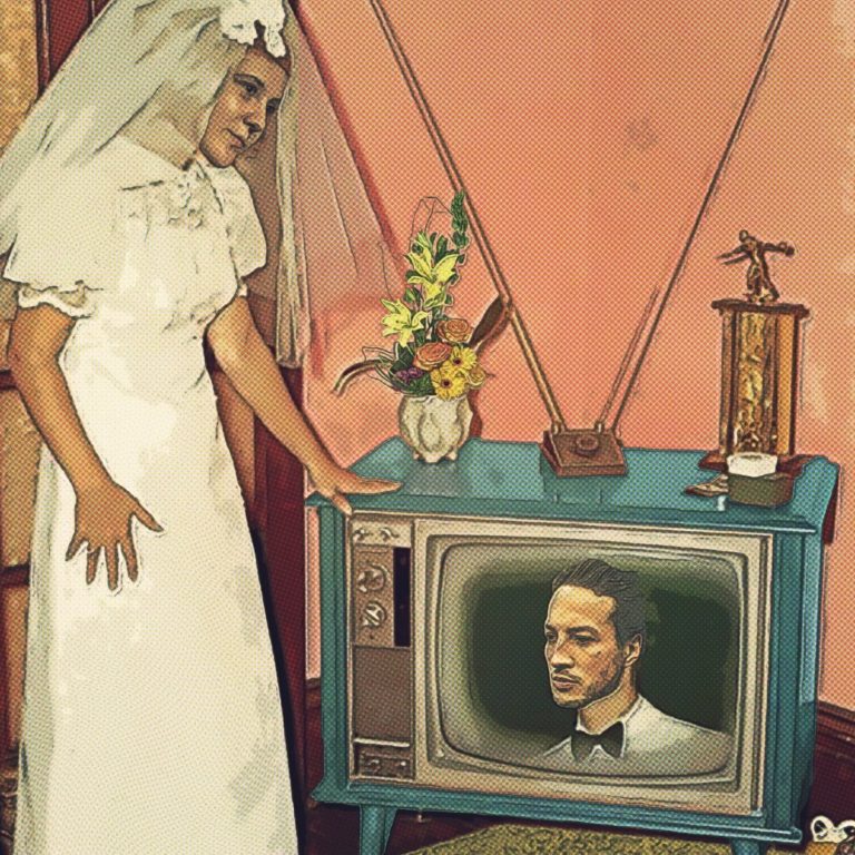 Frau im Brautkleid betrachtet einen alten Fernseher mit einem Porträt eines Mannes.