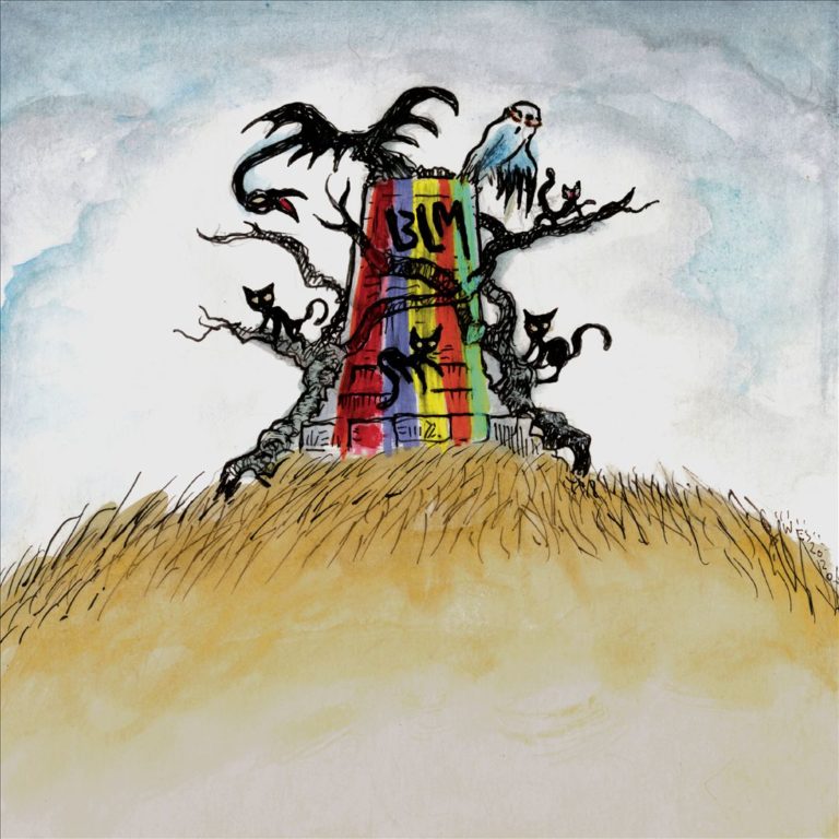 Illustration mit Regenbogen, BLM-Schriftzug und Tieren auf einem Turm