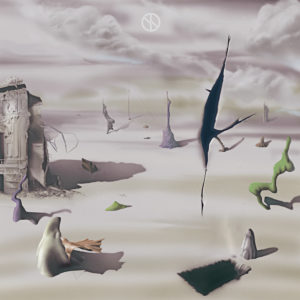 Albumcover von LICE – WASTELAND: What Ails Our People Is Clear: Surrealistische Landschaft mit Wüstenboden, bizarren abstrakten Formen, Ruinen und einer Figur im Vordergrund unter dramatischem Himmel.