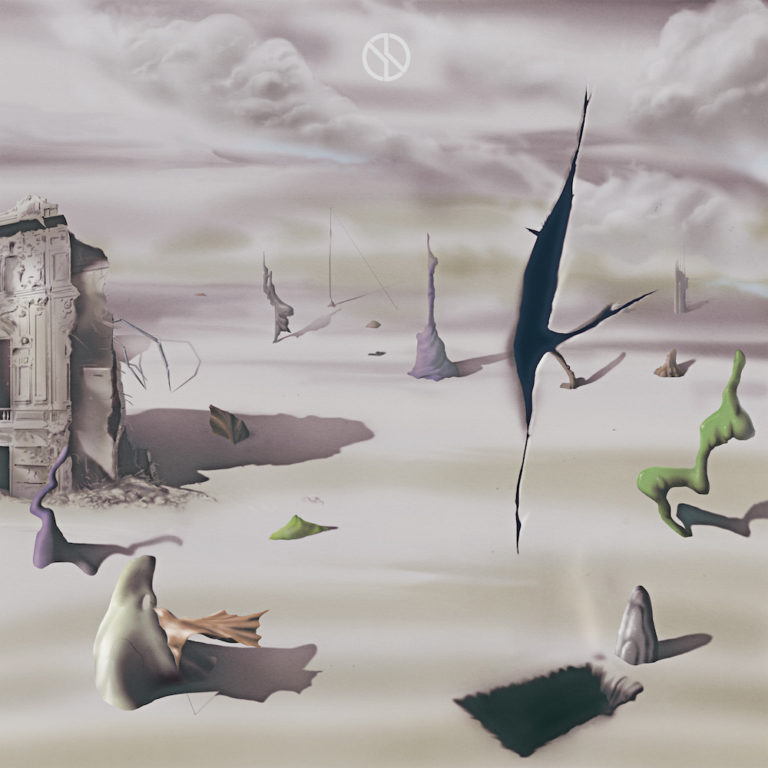 Albumcover von LICE – WASTELAND: What Ails Our People Is Clear: Surrealistische Landschaft mit Wüstenboden, bizarren abstrakten Formen, Ruinen und einer Figur im Vordergrund unter dramatischem Himmel.