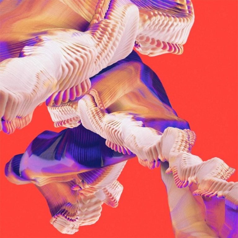 Albumcover von Bicep – Isles: Abstrakte, gefaltete 3D-Strukturen in Creme-, Violett- und Orangetönen schweben vor einem kräftig roten Hintergrund.