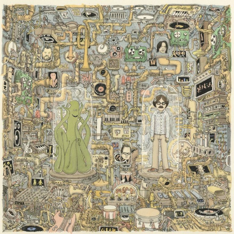 Albumcover von Weezer „OK Human“ mit detailreicher Zeichnung voller Röhren, Maschinen und Kabeln, in der ein grünes Alien und Rivers Cuomo in Glaskammern stehen.